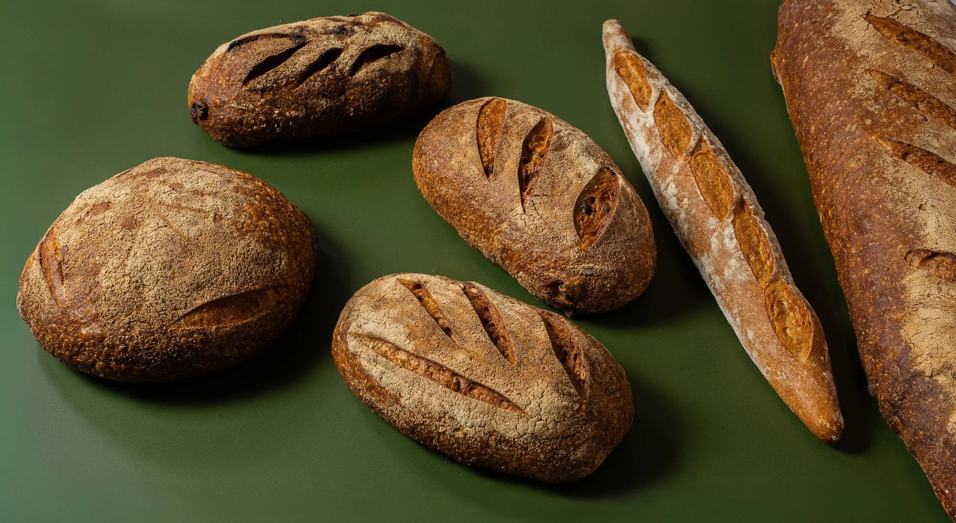 Artisan sourdough and baguettes on olive green background